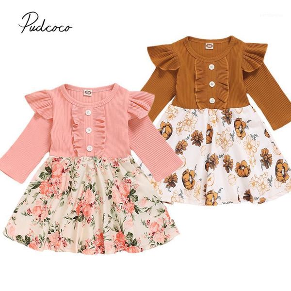 

girl's dresses infant kids baby girl patchwork dress, toddler long sleeve round neck decorative button ribbed dress ruffle clothes1, Red;yellow