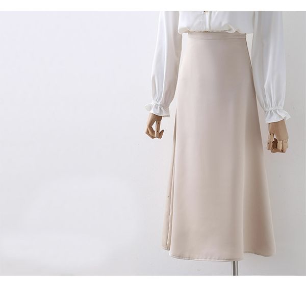 

new 2021 summer high waist vintage women a-line long fashion pure color elegant satin midi length skirt jupe femme saia vvtz, Black