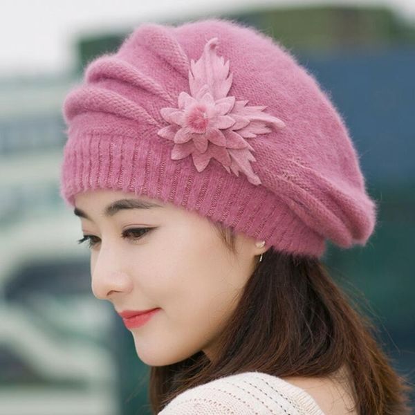 

beanies women's winter hats for women knitted girls bonnet caps winter lady hats brand wool fur beanie flower skullies hat y201024, Blue;gray