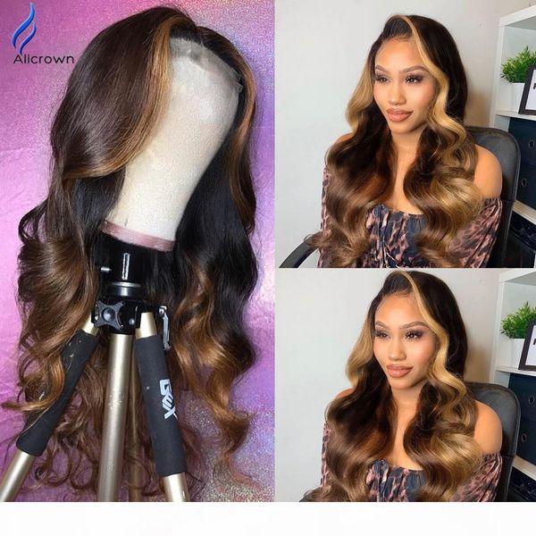 

alicrown highlight ombre body wave lace front human hair wigs13*6 150% density pre-pluckedwith baby hair non-remy bleached knots, Black