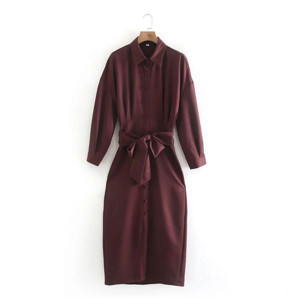 

2021 new fashion tied belted shirt women lapel collar pleated long sleeve midi dress woman elegant office ladies dresses bk7l, Black;gray