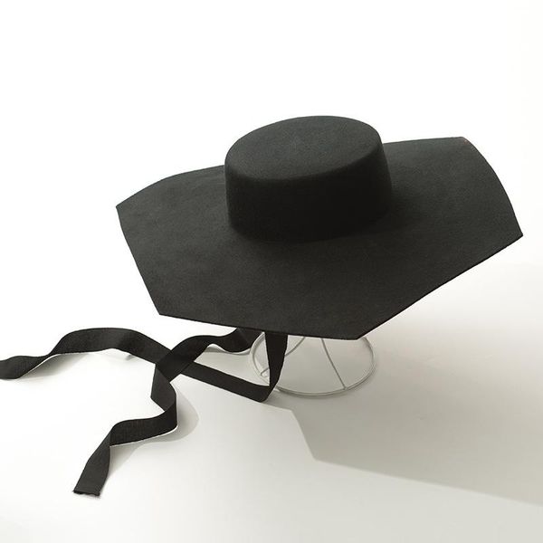 

2020 fall 100% wool fashionable flat hexagone wide brim black hat, Blue;gray