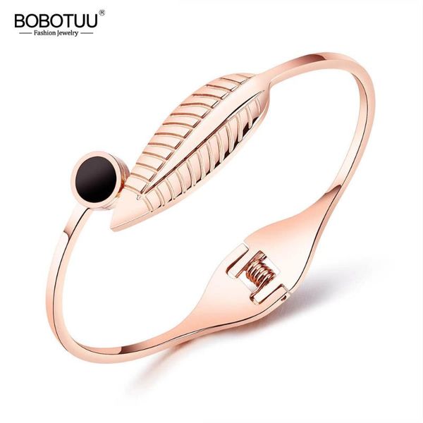 

bobotuu модных leaf design открытых браслеты для женщин черных акриловых розового золота из нержавеющей стали манжеты браслеты ювелирных под, Black