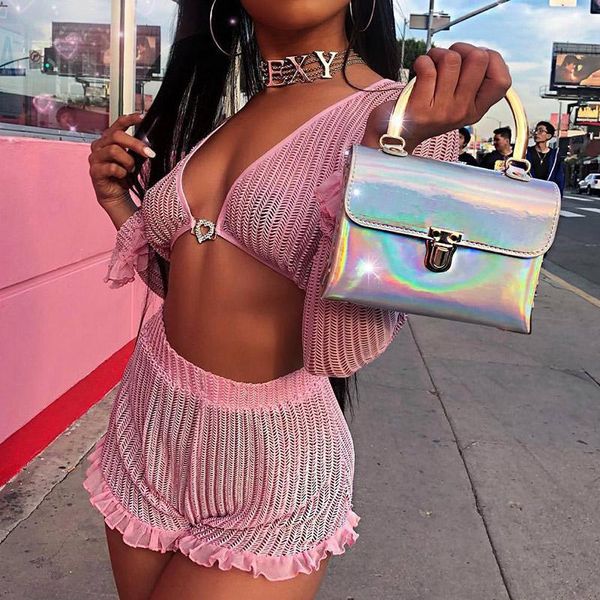 

fashion pink chiffon two 2 piece set lady long sleeve ruffles crop stretchy shorts outfits women 2 pcs matching set1, Gray