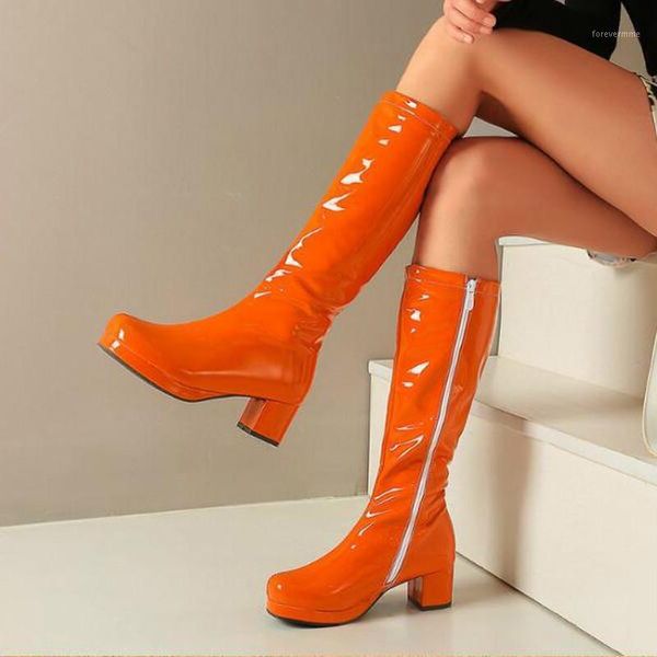 

boots women knee high mid heels shoes woman shiny patent leather booties warm shoe chaussures femme zapatos mujer sapato d23401, Black
