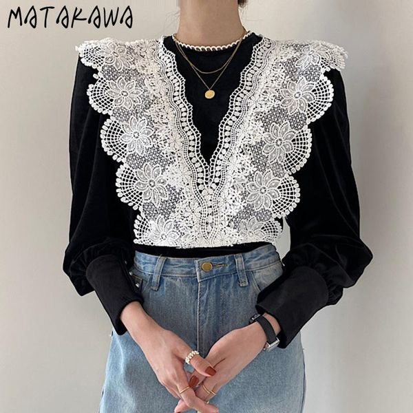 

women's blouses & shirts matakawa retro stand collar heavy industry paste lace ladies shirt stitching loose lantern sleeve velvet blous, White
