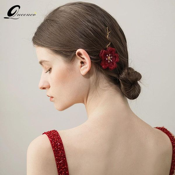 

queenco trendy red floral bridal hairpins wedding hair accessories fashion headpiece flower hair jewelry for bride, Golden;silver