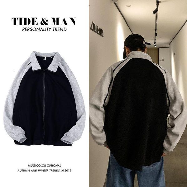 

uyuk autumn new loose casual fashion stand collar men and cashmere cardigan patchwork coat hombre clothes hip hop, Black;brown