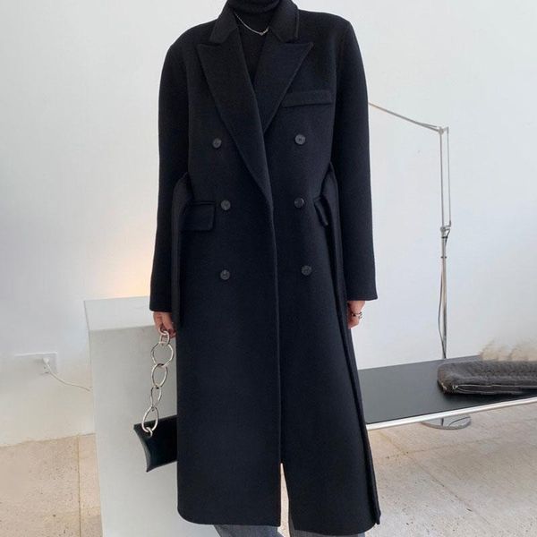 

women's wool & blends [ewq]2021 winter over knee style turn-down collar long-sleeved solid color straight minimalist woolen overcoat wi, Black