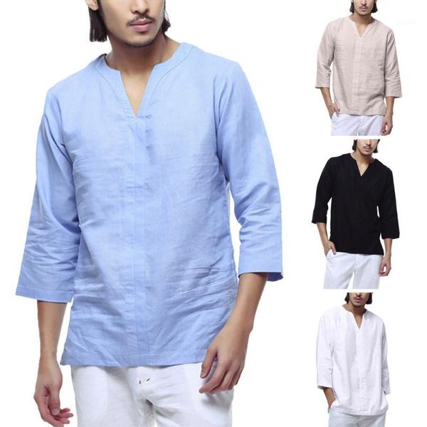 

summer,autumn men's shirts baggy cotton linen 3/4 sleeve retro v neck t shirts blouse daily,casual1, White;black
