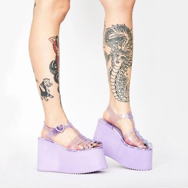 

chic girl flat thick platform sole sandal candy color clear pvc ankle strap summer jelly sandals round toe cutouts runway shoes, Black
