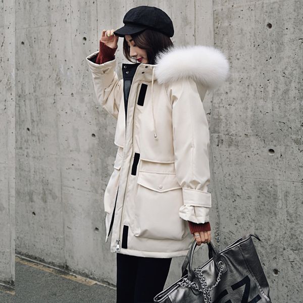 

Great Natural Female Fox Skin with Hood Winter Jacket Ladys White Duck Parkas Hot Bands Tie Snow Coat Updy, Black