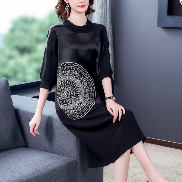 

women's acetic acid 2020 spring dress dressaline dressand summer new loose temperament seven-quarter sleeve aline dress wide lady embro, Black;gray