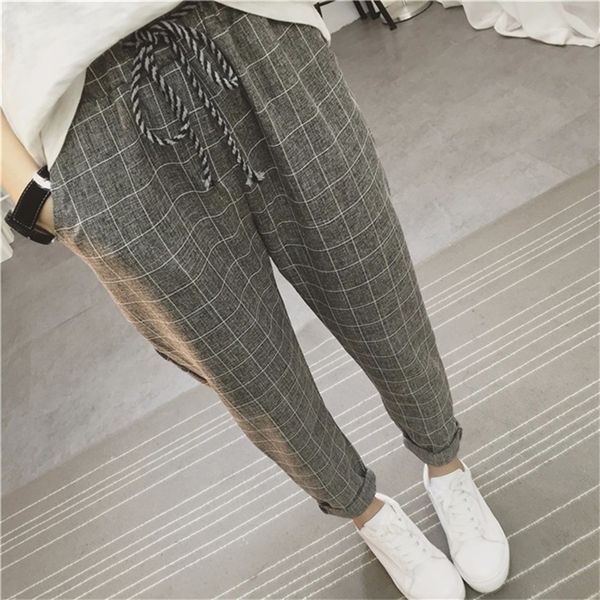 Frauen Hosen Neue Sommer Beiläufige Lose Harem Hosen Baumwolle Leinen Plaid Capris Gitter Frühling Literarische Hosen Sarouel Femme 201118