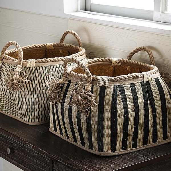 

straw woven drum-shaped laundry basket with rope handle toy storage basket size m