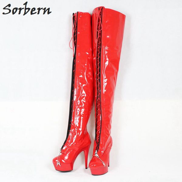 

sorbern 15cm platform crotch thigh high female boot zipper front platform lockable burlesque laceup zip red patent boots, Black
