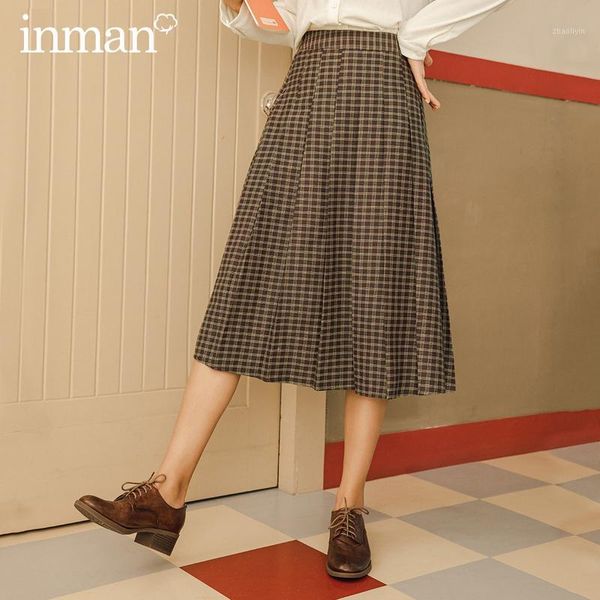 

inman 2020 autumn winter new arrival retro literary pleated high-waist long-length plaid school skirt1, Black