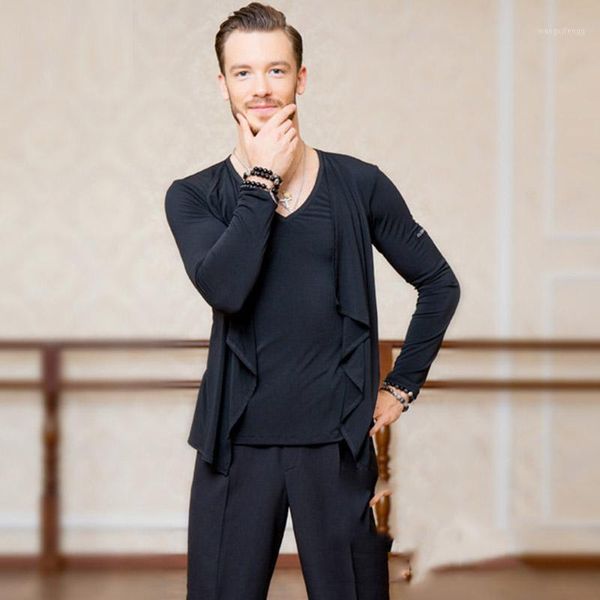 

2020 new black men latin dance male cha cha rumba long sleeves v-neck shirt practice dancing clothes dl52281, Black;red