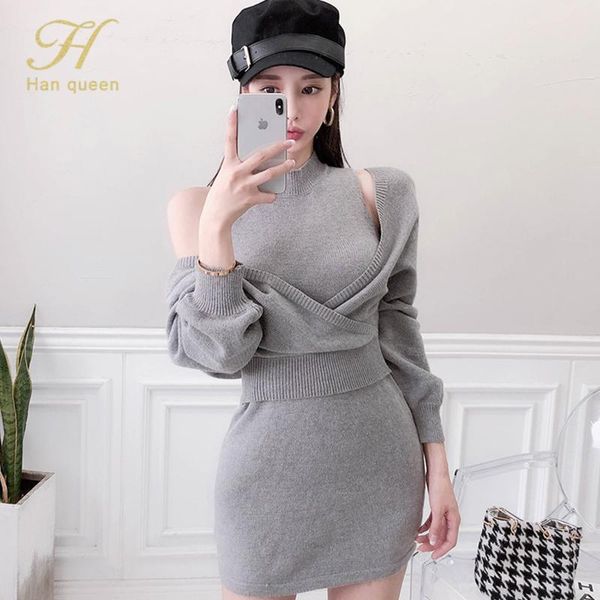 

casual dresses h han queen 2 pieces vintage autumn women knitted pencil dress elegant korean simple bodycon office sweater vestidos, Black;gray