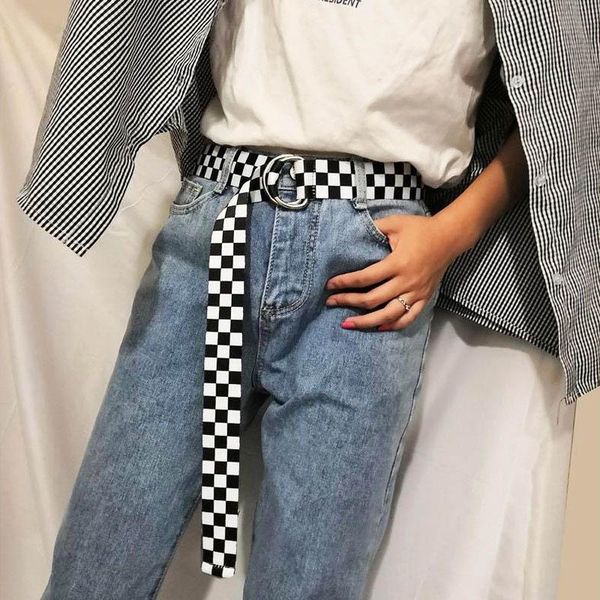 

belts fashion women belt leisure canvas jeans lovely for lady black and white plaid buckle 120cm long strap waist, Black;brown