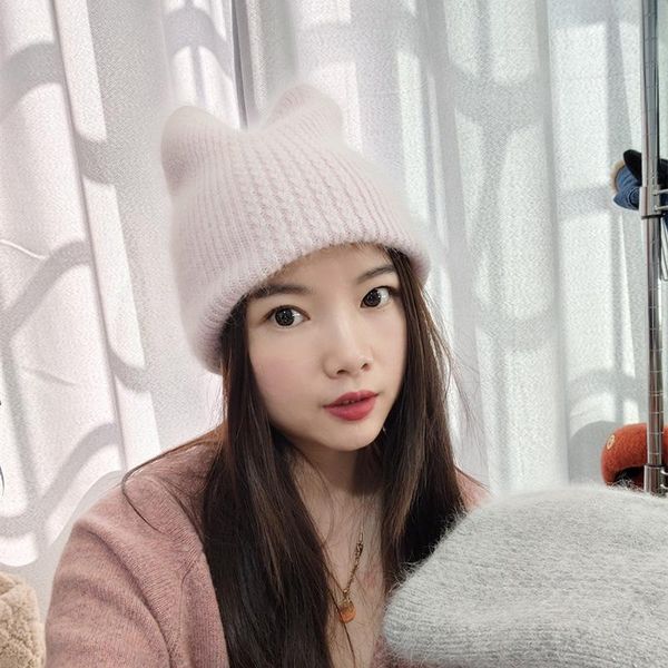 

новый простой стиль мех зима милая молодежная женщина кошка уха моделирование улица мода череп капота ветрозащищенная вязаная шапка, Blue;gray