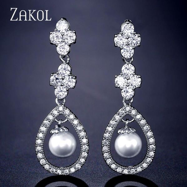 

zakol new delicate hollow water drop shape shiny zircon dangle earrings for women cute imitation pearl boucle d'oreille fsep2237, Silver