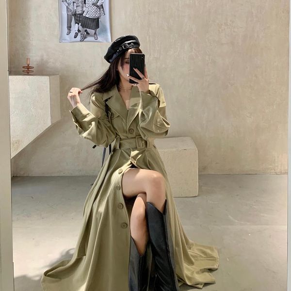 

women's trench coats fashion women coat classics solid color female loose x-long single breasted 2021 spring fall jackets outerwear c05, Tan;black