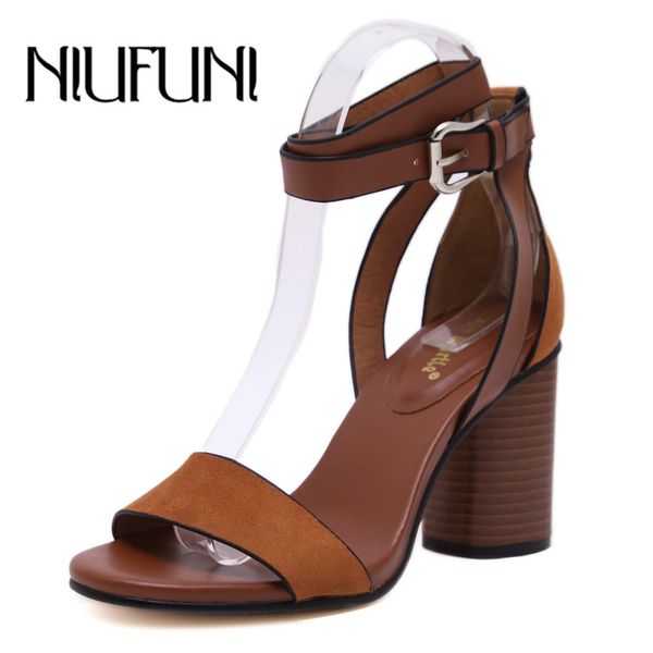 

niufuni summer thick heeled women sandals pumps flock buckel strap thick high heels woman shoes sandalias de salto alto y200623, Black