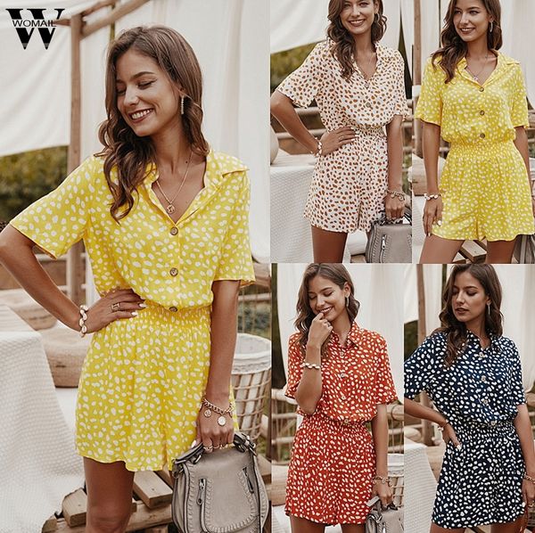 

womail women bodysuit summer casual dot printing clubwear bodysuit v-neck short sleeve jumpsuit button playsuits ropa mujer 6.29 t200704, Black;white