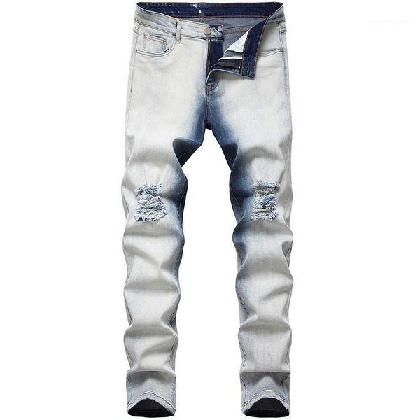 

men's jeans knee hole destruction original men four seasons trousers plus size men's trendy ripped pan1, Blue