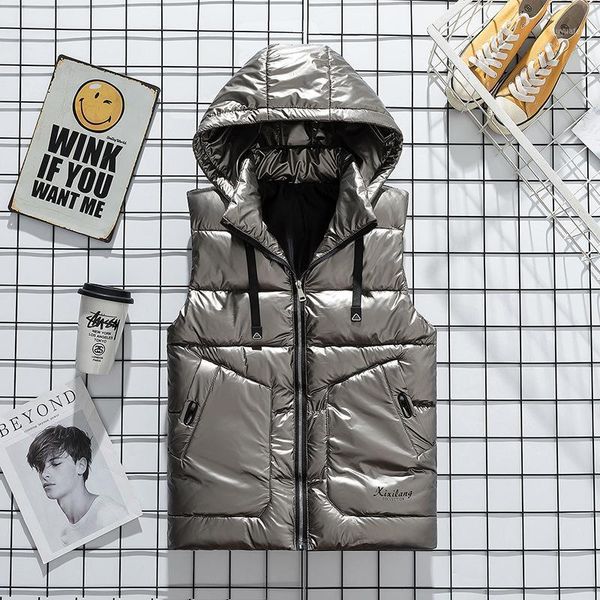

2020 men's new warm vest youth bright surface thick autumn down cotton men's removable hat vest1, Black;white
