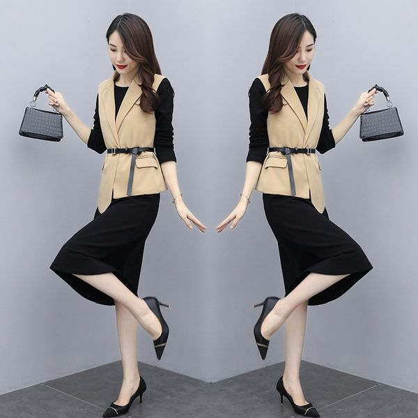 

5fmy1 women's suit 2020 new long sleeve vest fashion elegant slimming two-piece cardigan waist mid-length vest suit efklv, Gray