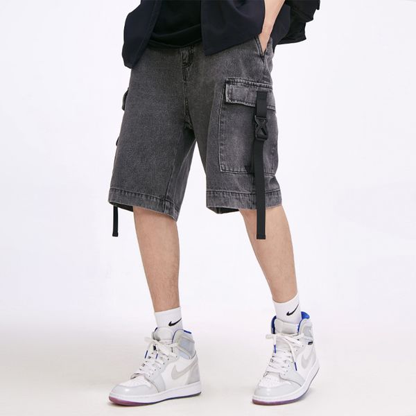 

2021 new hip hop patchwork pockets ribbons denim men vintage loose pants harajuku joggers casual knee length short streetwear lypx, White;black