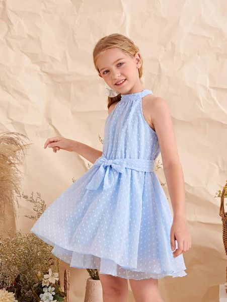 

girls swiss dot chiffon belted halter dress she, Red;yellow