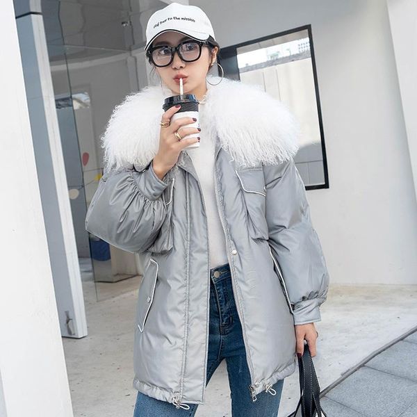 

janveny пуховик женщины winter fur real 90% белая утка вниз пальто женский светоотражающие ветровки night блестящий puffer пуховые куртки, Black