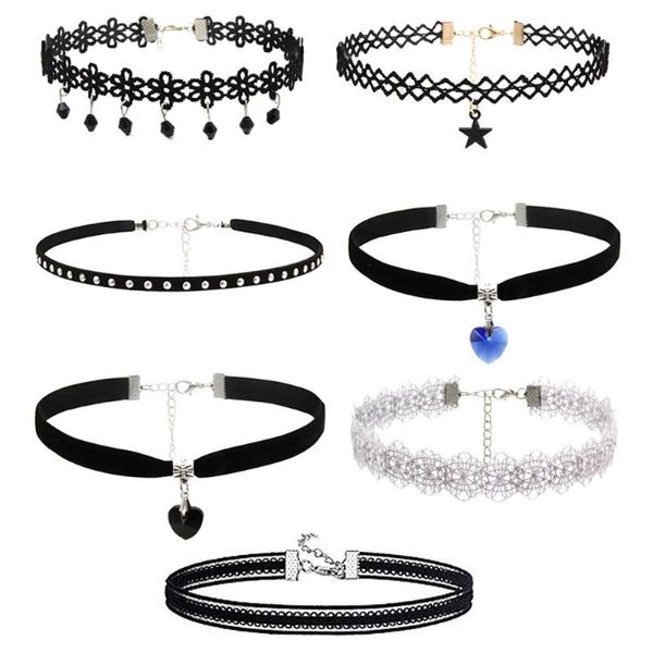 

otoky necklace alloy necklace for women 7 pieces set gothic tattoo lace choker chain for women heart, Golden;silver