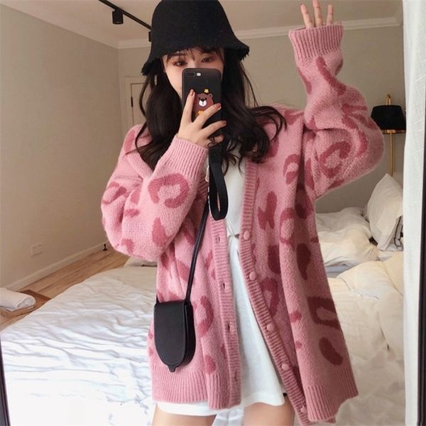 

oumengka women sweaters autumn winter 2020 fashionable casual leopard v-neck single breasted puff sleeve loose cardigans coat lj201126, White;black