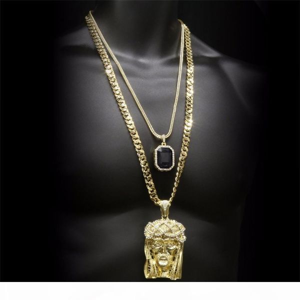 

hip hop golden crowned jesus head pendant square gem crystal double pendants necklaces set cuban chain, Silver