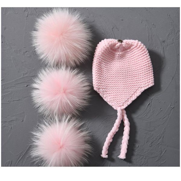 

2017 baby winter real fur hats for children girls natural fur pompom beanie cap kids raccoon fur pom pom ball croc qylopz