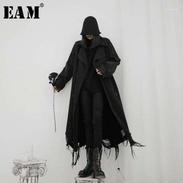 

women's trench coats [eam] women hollow out big size denim lapel long sleeve loose fit windbreaker fashion spring autumn 2021 19a-a5451, Tan;black