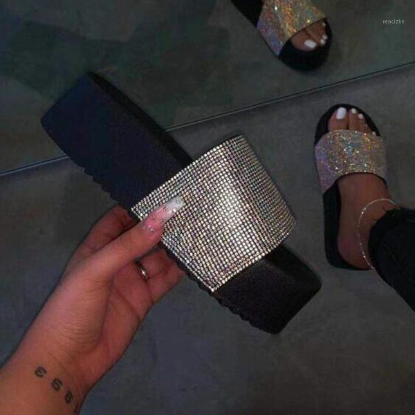 

slippers ladies outdoor rhinestone casual shoes woman flat platform candy color female beach sandals women slides summer 2021 d31, Black