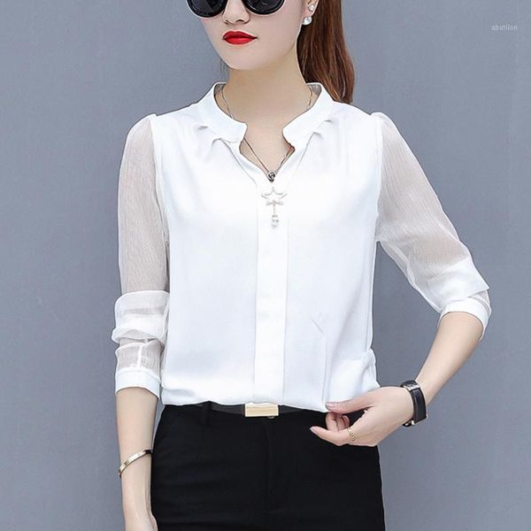 

women's blouses & shirts chiffon blouse women long sleeve v neck work wear elegant lady casual plus size women's blusas #7.241, White