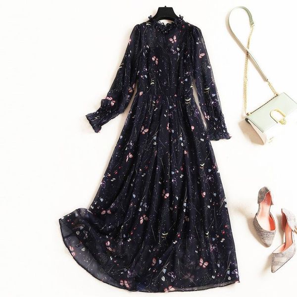 

casual dresses fashion 2021 style korean autumn ruffle collar chiffon butterfly printed plus size long sleeve women maxi dress, Black;gray