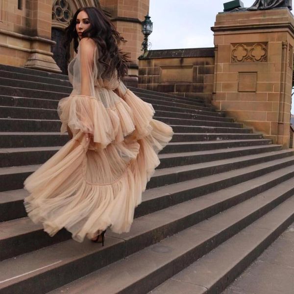 

casual dresses fashion see thru women tulle to birthday party long maternity dress robe poshoot full sleeves bridal night gown, Black;gray