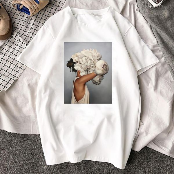 

flowers feather print harajuku t shirt women fashion tshirt o-neck short sleeve t-shirt white female clothing