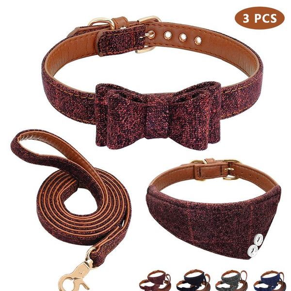 

leather dog collar bandana leash set plaid bowknot pet collar and leash set adjustabe dog collars and banda sqctrb