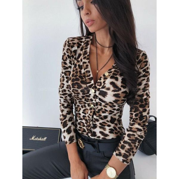 

fashion women button deep v neck leopard snake print long sleeve shirt casual pullover blouse evening party clubwear, White