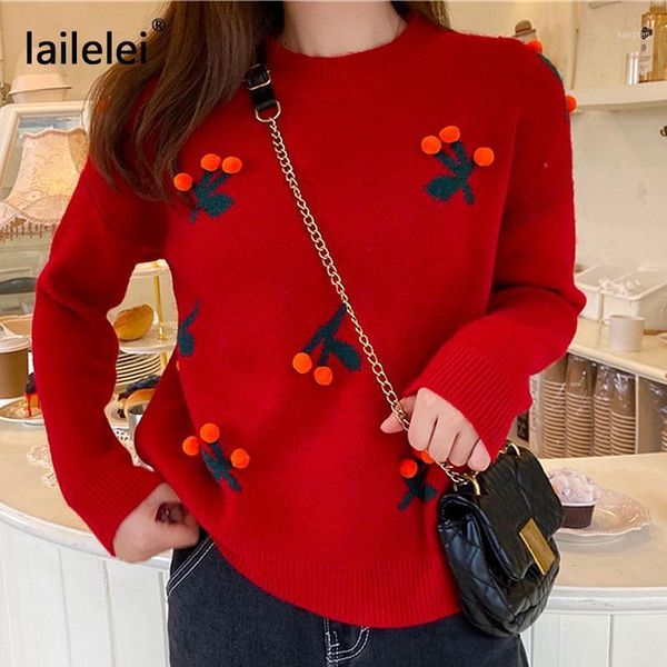 

stereoscopic heavy sweet cherry ball long sleeve christmas wind knitted pullovers1, White;black