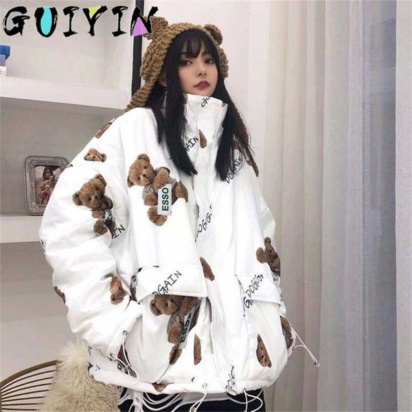 

winter womens wadded parka vintage print loose japanese hooded large fur collar clothing fashion coats 211216, Black