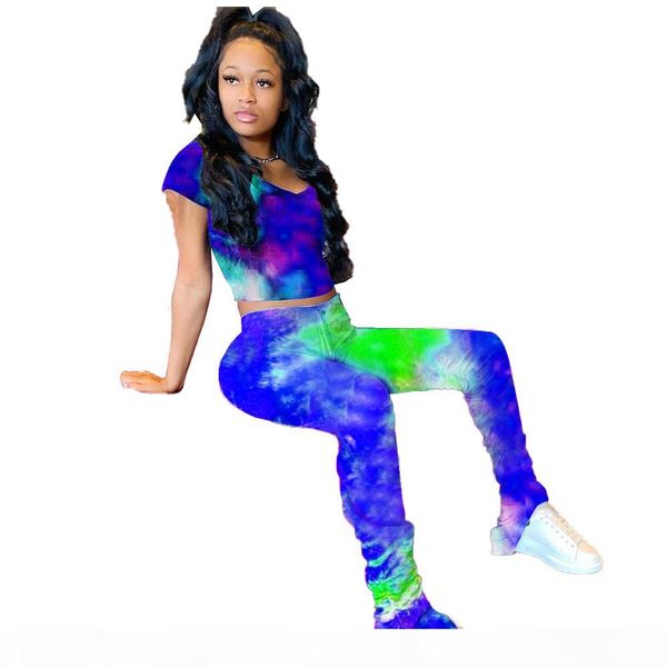 

multicolors tie-dye printing women outfits 2020 ins fashion ruched casual pants two pieces tracksuits short sleeves t shirt, Gray